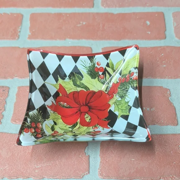 Holiday Decorative Tray with Red Bow and Black-White Harlequin Pattern - Picture 1 of 5